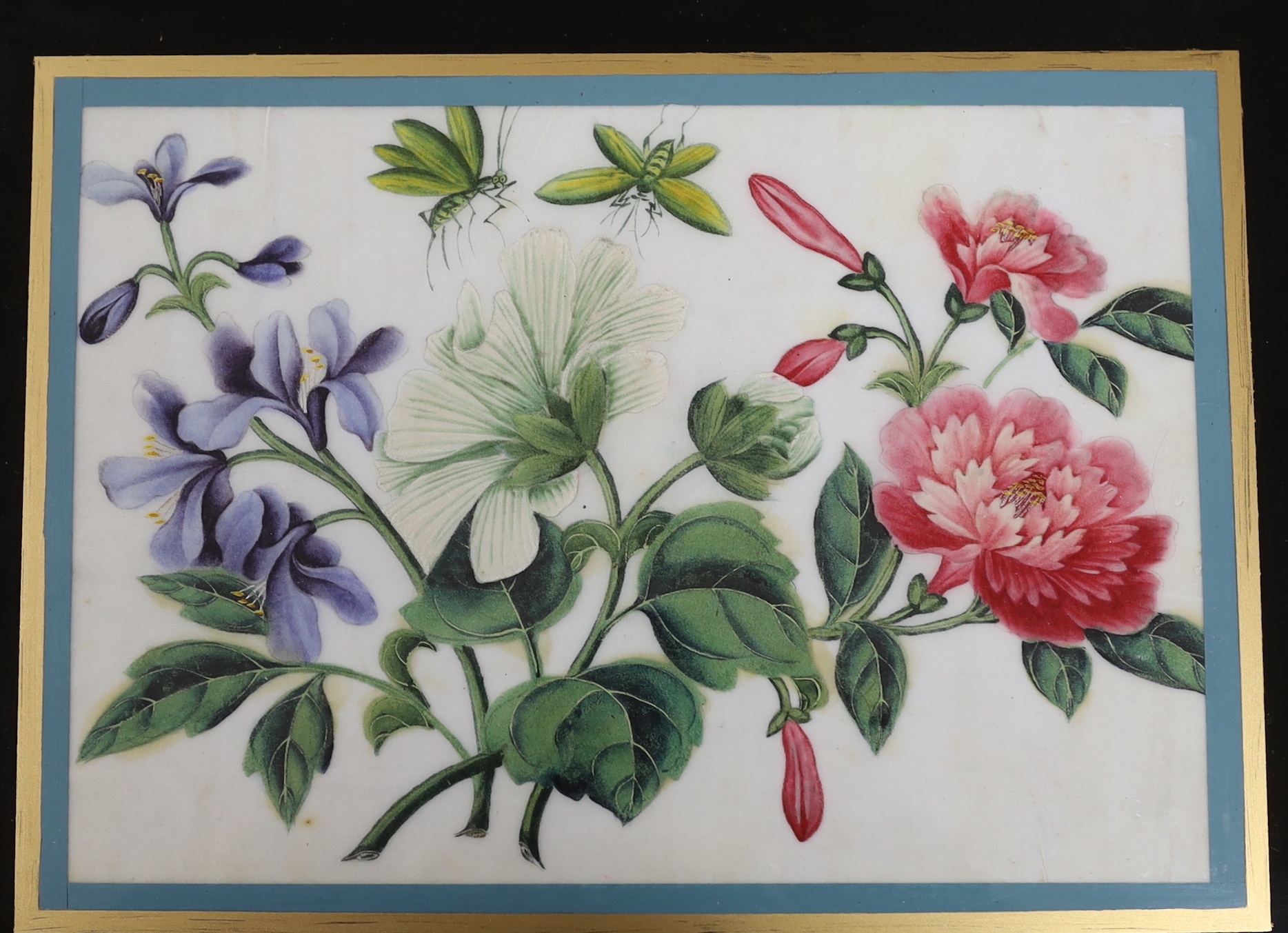 19th century Chinese school, pair of pith paper paintings, Still lifes of flowers, 16.5 x 24cm